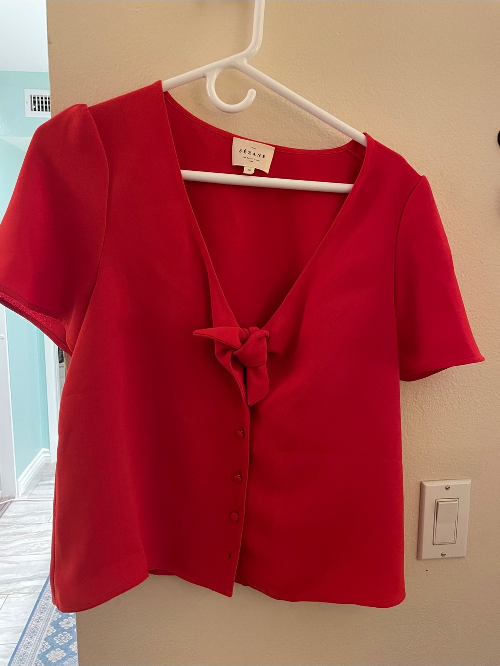 Sezane Red Tie-Front Short Sleeve Blouse